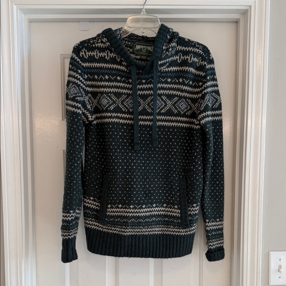 American Eagle Fair Isle Knit Hoodie Sweater XS Green Pullover